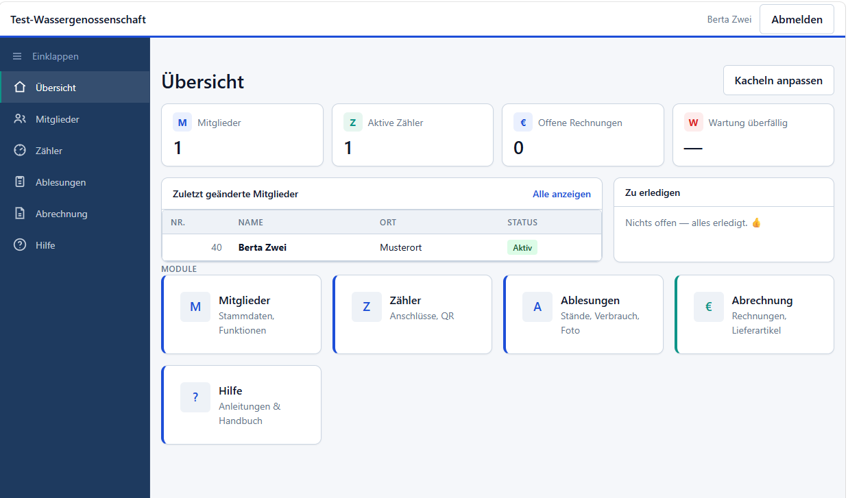Dashboard der Wassergenossenschafts-App